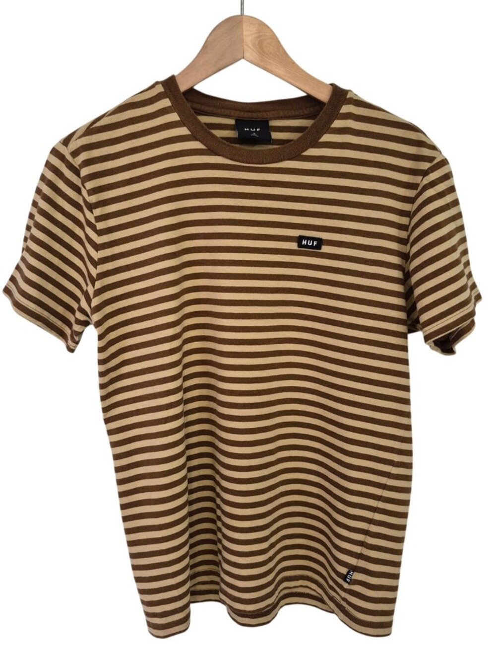 HUF Men's Tan and Brown Striped 100% Cotton T-Shirt Size S